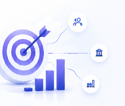 Target with arrow and growth chart connected to business, banking and analytics icons