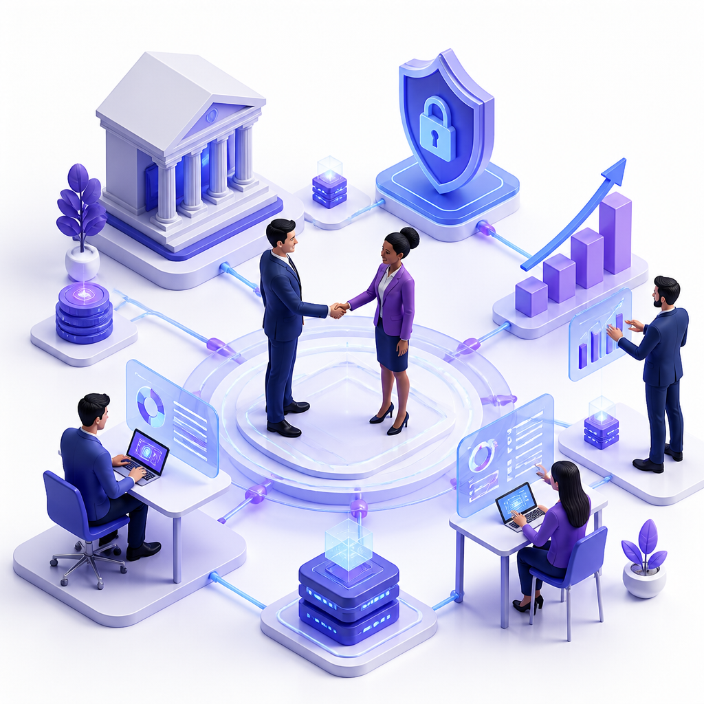 Business partners shaking hands within a connected digital finance ecosystem