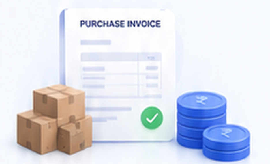 Purchase invoice with shipment boxes and rupee coins