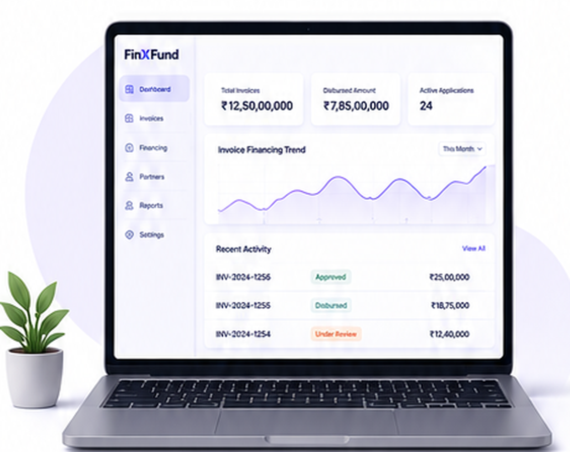 FinXFund platform dashboard on a laptop showing invoice financing trends and recent activity