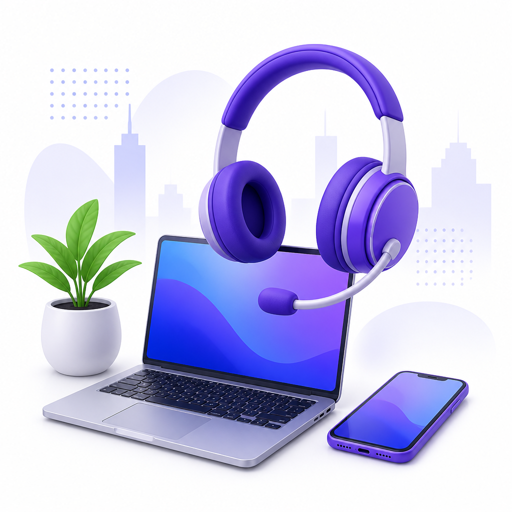 Support desk with headset, laptop and mobile device