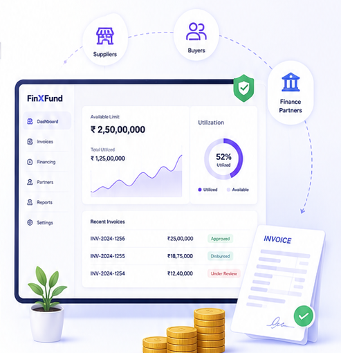 FinXFund dashboard showing available limit, utilisation and recent invoices