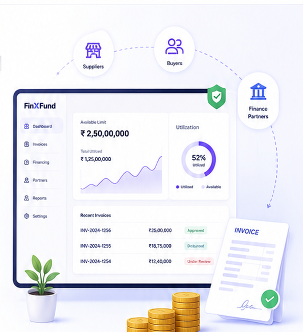 FinXFund dashboard connecting suppliers, buyers and finance partners with approved invoices