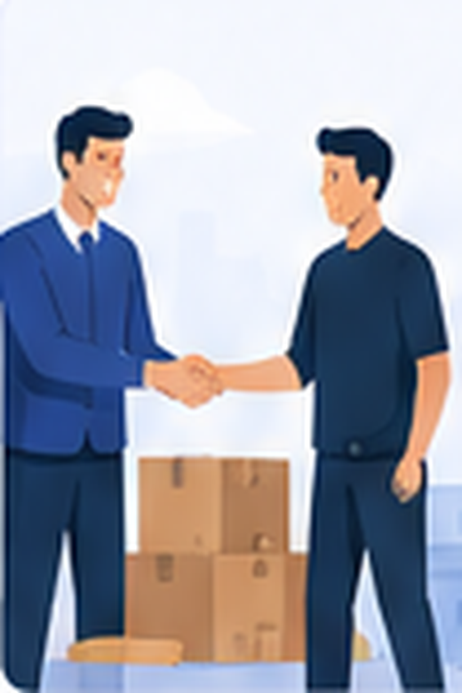 A supplier and a buyer shaking hands beside stacked cartons