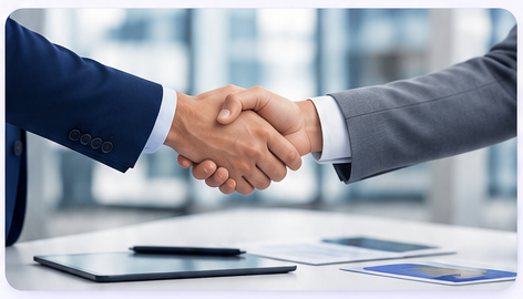 Two business professionals shaking hands over a signed agreement