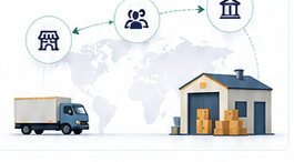 Connected network of suppliers, logistics and financial institutions across a map