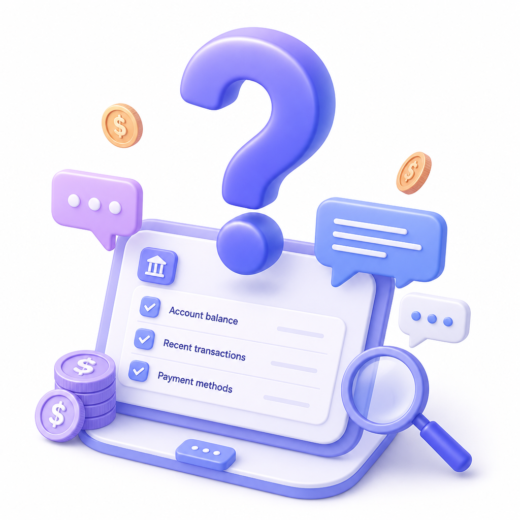 Illustration of a question mark above a financing checklist and chat bubbles